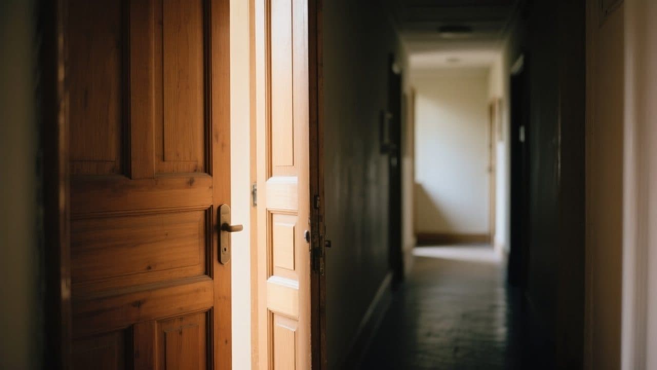 Porta de madeira entreaberta, com luz quente entrando por um corredor silencioso