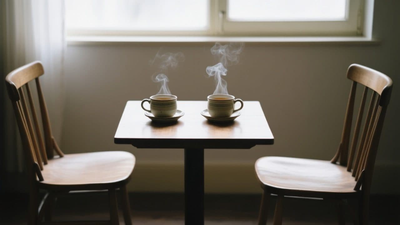 Duas xícaras de chá sobre uma mesa entre duas cadeiras vazias frente a frente