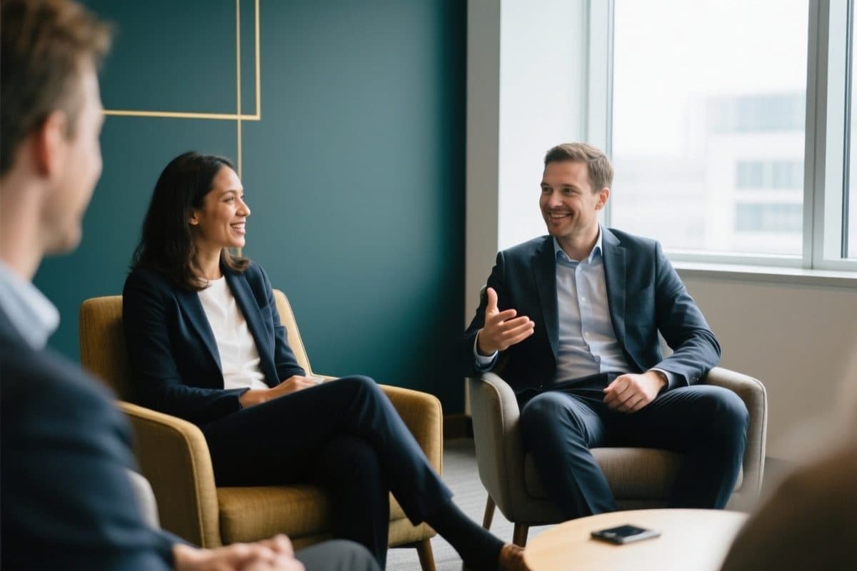 Two people talking in armchairs during an executive coaching session in a modern office.